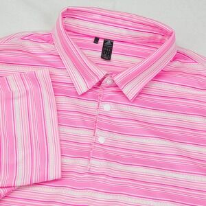 Adidas Polo Shirt Mens XL Pink White Striped Primegreen Golf Short Sleeve